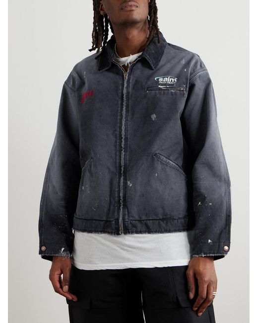 SAINT Mxxxxxx Blue Corduroy-Trimmed Logo-Embroidered Distressed Cotton-Canvas Jacket for men
