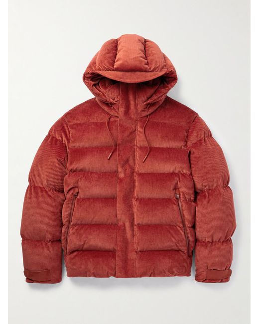 Zegna Red Leather-trimmed Quilted Hooded Cotton-blend Corduroy Down Jacket for men