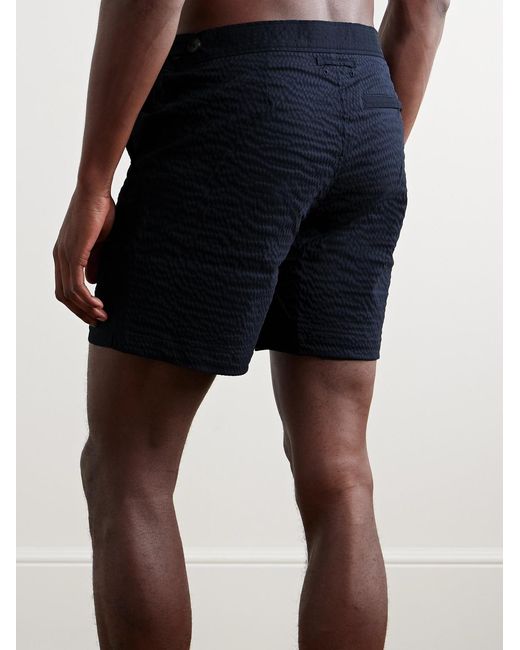 Mr P. Blue Straight-Leg Mid-Length Seersucker Swim Shorts for men