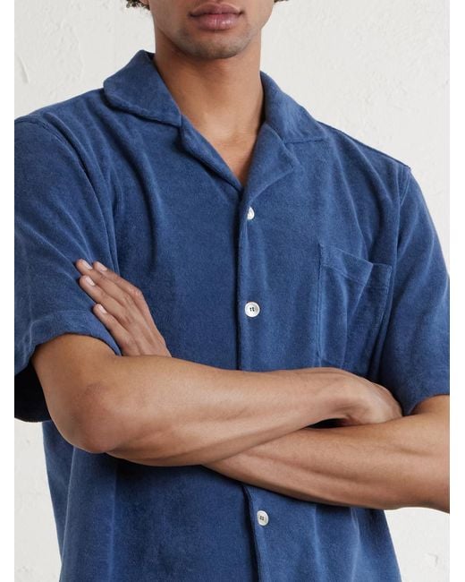 Fedeli Blue Camp-Collar Cotton-Terry Shirt for men