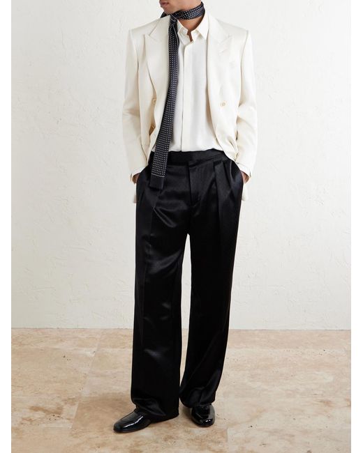 Tom Ford Blue Straight-Leg Pleated Satin Trousers for men