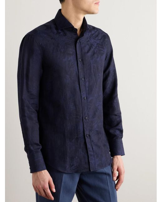 Brunello Cucinelli Blue Cotton And Linen-blend Jacquard Shirt for men
