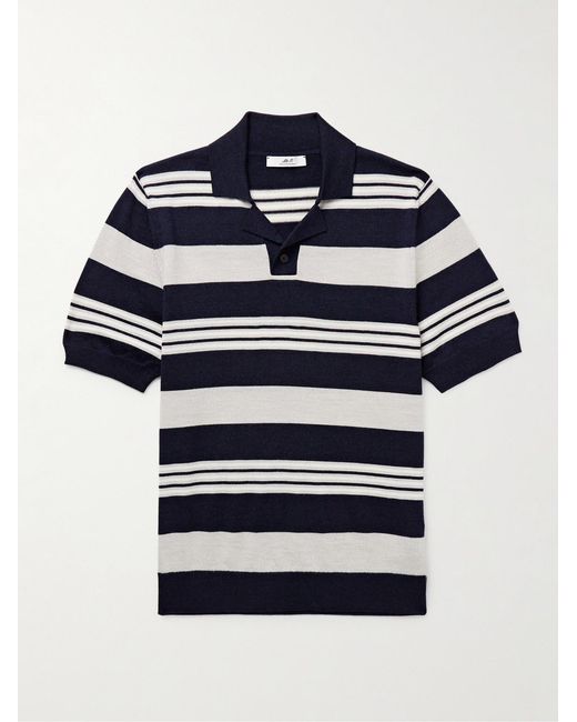 Mr P. Blue Camp-Collar Striped Merino Wool Polo Shirt for men
