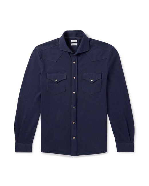 Brunello Cucinelli Blue Slim-Fit Cotton-Piqué Western Shirt for men