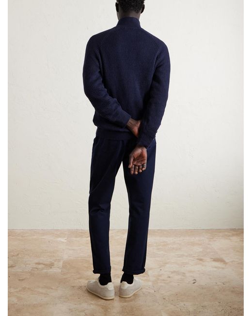 Ribbed Cotton Zip-Up Sweater di Brunello Cucinelli in Blue da Uomo