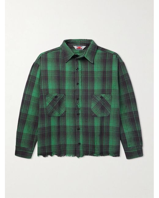 SAINT Mxxxxxx Green Distressed Checked Cotton-Flannel Shirt for men