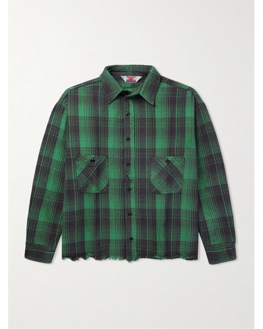 SAINT Mxxxxxx Green Distressed Checked Cotton-flannel Shirt for men