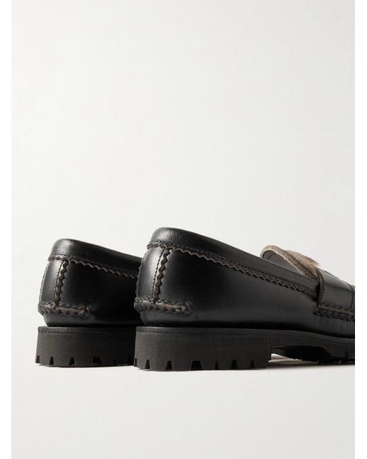 Yuketen Black Leather And Faux Fur Penny Loafers for men