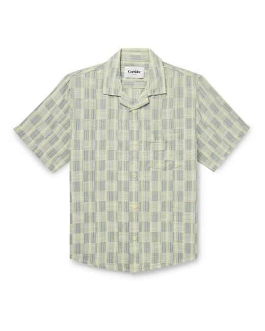 Corridor NYC Green Camp-collar Striped Checked Cotton-jacquard Shirt for men