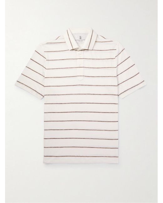 Brunello Cucinelli Natural Striped Linen And Cotton-blend Polo Shirt for men