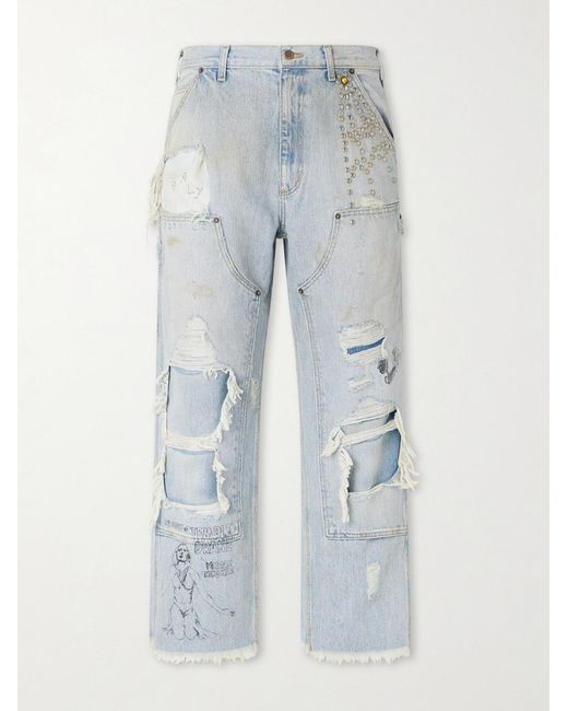 Paly Hollywood Blue Straight-leg Distressed Studded Jeans for men