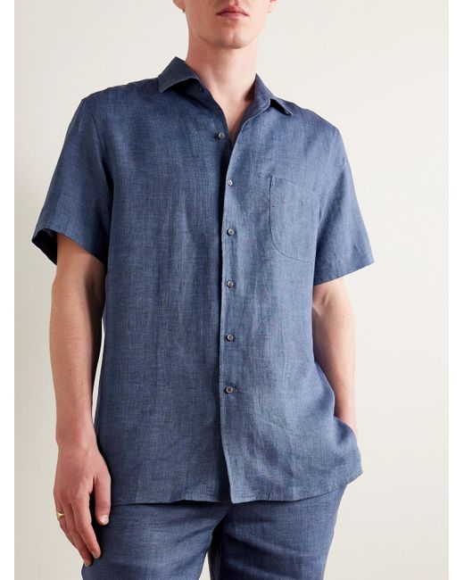 Camicia in lino con colletto aperto André di Loro Piana in Blue da Uomo
