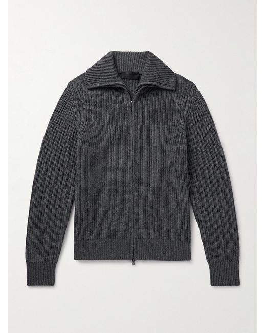Nili Lotan Gray Ribbed-Knit Zip-Up Cardigan for men