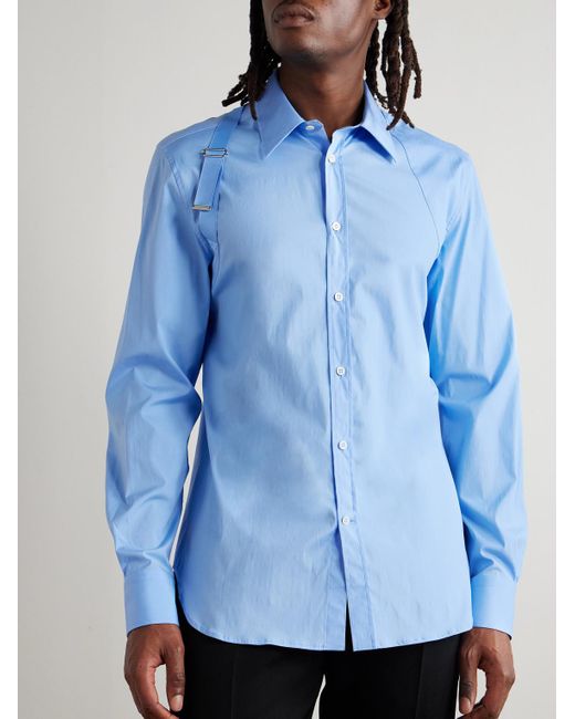 McQueen Blue Slim-Fit Harness-Detailed Stretch-Cotton Shirt for men