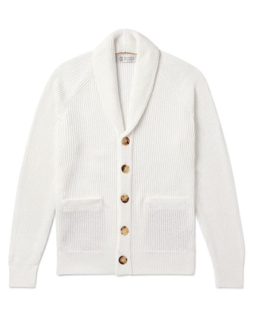 Brunello Cucinelli White Shawl-collar Ribbed Cotton Cardigan for men