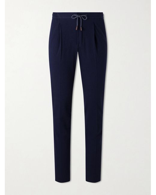 Slowear Blue Tapered Cotton-Blend Seersucker Trousers for men