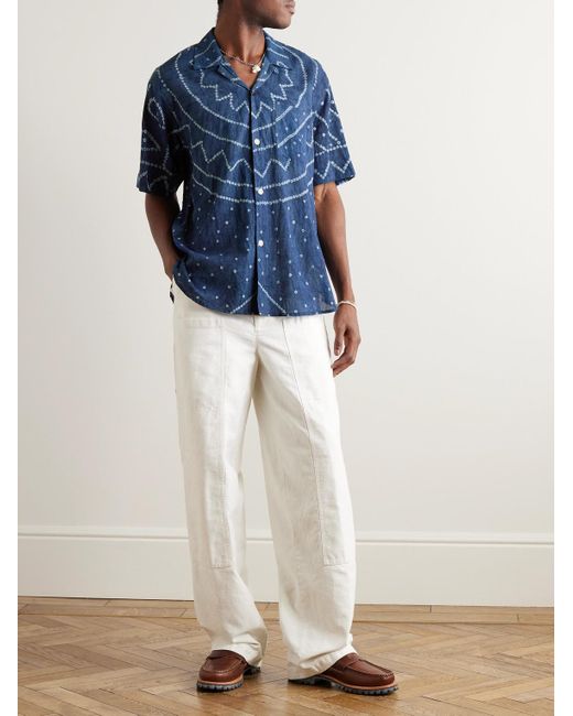 Kardo Blue Ronen Convertible-collar Garment-dyed Cotton Shirt for men