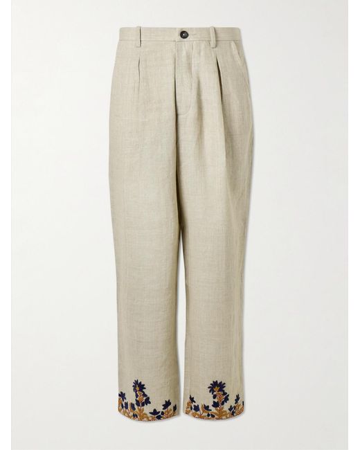 Kartik Research Natural Straight-Leg Embroidered Linen Trousers for men