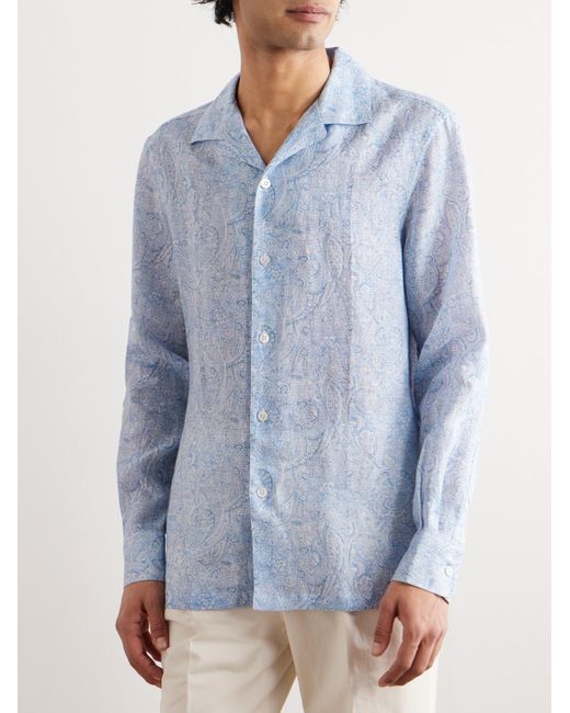 Brunello Cucinelli Blue Camp-collar Paisley-print Linen Shirt for men