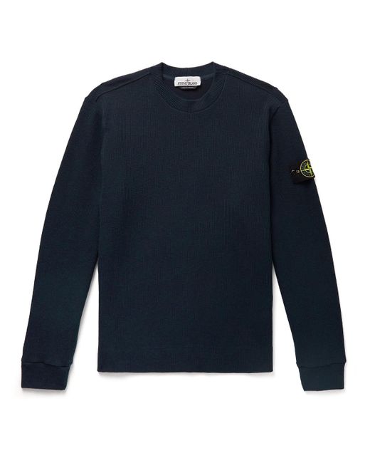 Stone Island Blue Logo-appliquéd Ribbed Cotton-blend Sweater for men