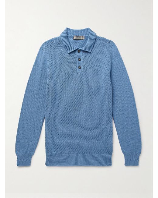 Canali Blue Textured-knit Cotton Polo Shirt for men