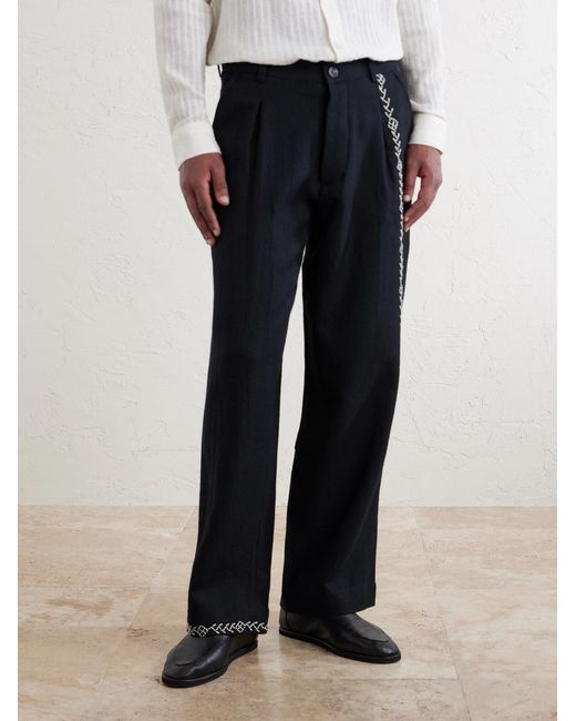 Kartik Research Blue Straight-leg Pleated Embroidered Wool Trousers for men