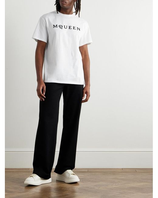 Alexander McQueen White Logo-flocked Cotton-jersey T-shirt for men
