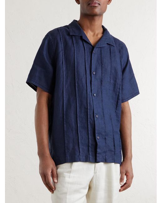 Mr P. Blue Camp-Collar Embroidered Pintucked Linen Shirt for men