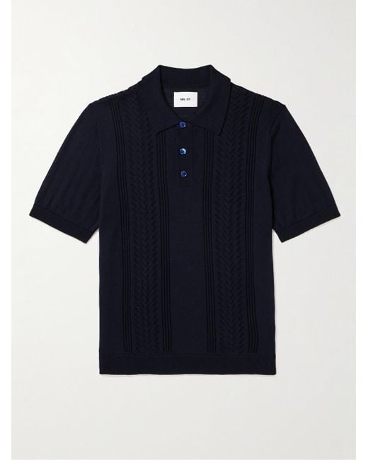 NN07 Blue Thor 6539 Pointelle-knit Wool-blend Polo Shirt for men