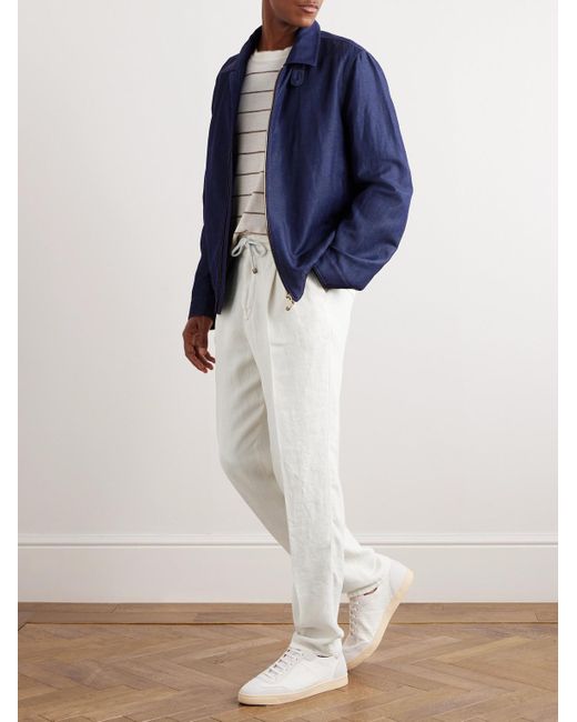 Brunello Cucinelli White Straight-leg Pleated Linen-twill Drawstring Trousers for men