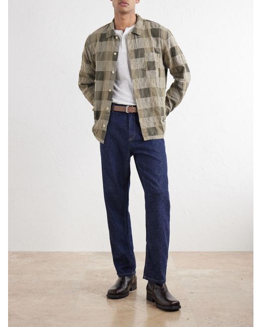 Folk Green Patch Checked Cotton-Blend Seersucker Shirt for men