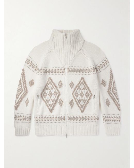 Brunello Cucinelli Natural Jacquard-Knit Cashmere Zip-Up Cardigan for men
