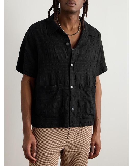 mfpen Black Stretch-Cotton And Linen-Blend Seersucker Shirt for men