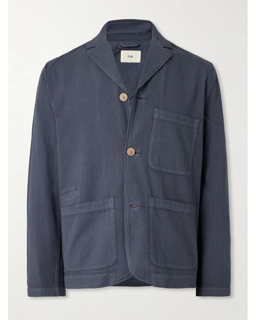 Folk Blue Unstructured Herringbone Cotton Blazer for men