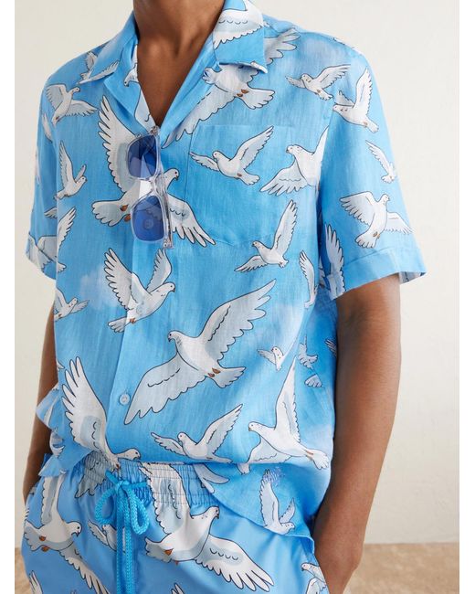 Vilebrequin Blue 3.Paradis Chelly Printed Camp-Collar Linen Shirt for men