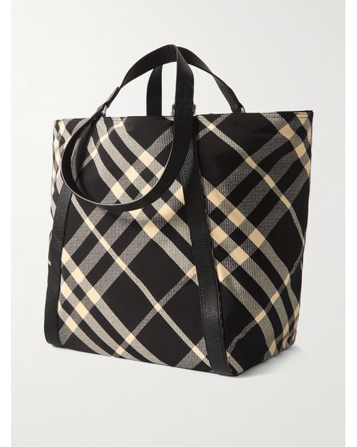 Burberry Black Large Leather-trimmed Checked Jacquard Tote Bag for men