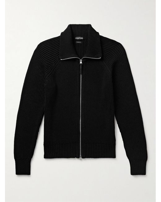 Tom Ford Black Slim-Fit Ribbed Silk And Cotton-Blend Zip-Up Cardigan for men