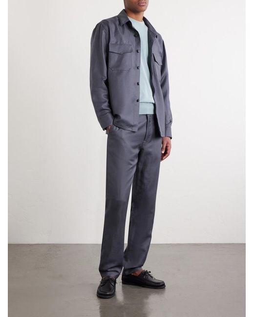 Canali Blue Straight-Leg Wool And Linen-Blend Twill Suit Trousers for men
