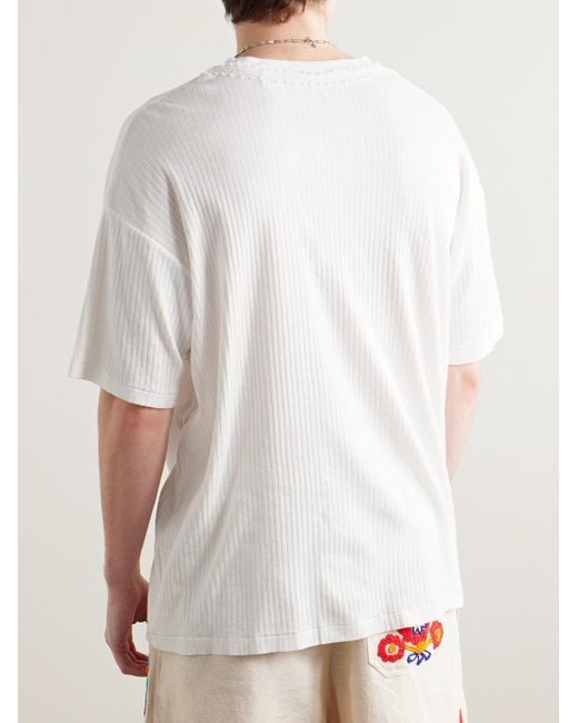 Bode White Marsh Embellished Tulle-Trimmed Ribbed Cotton-Jersey T-Shirt for men