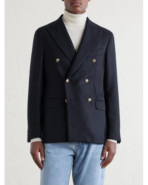 Caruso Blue Aida Double-Breasted Wool-Basketweave Blazer for men