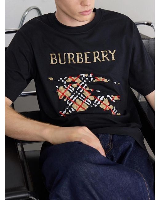 Burberry Black Logo-Embroidered Cotton-Jersey T-Shirt for men