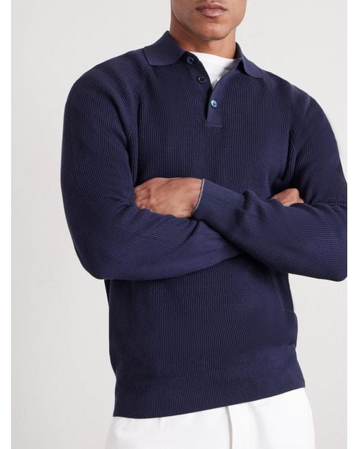 Brunello Cucinelli Blue Ribbed Cotton Polo Shirt for men