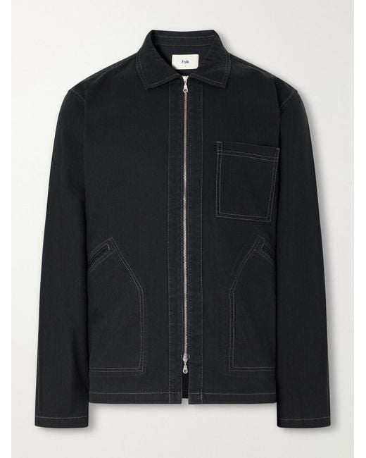 Folk Black Cotton-Twill Zip-Up Overshirt for men