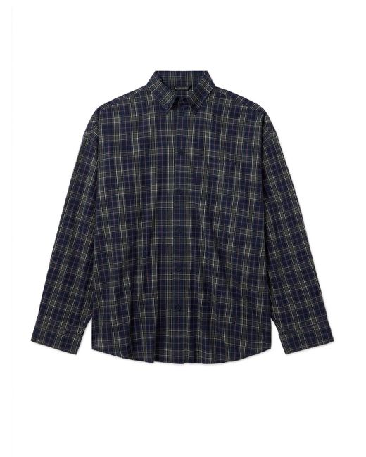 Balenciaga Blue Oversized Button-down Collar Logo-print Checked Cotton-flannel Shirt for men