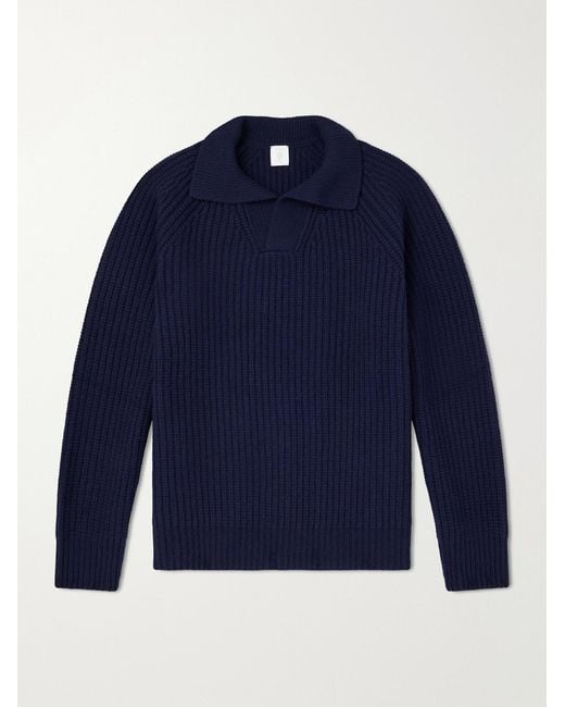 Eleventy Blue Ribbed-Knit Wool And Cashmere-Blend Polo Shirt for men