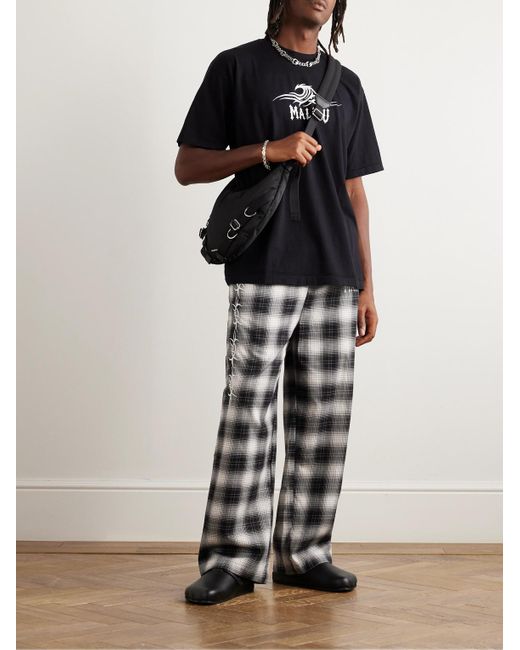 Local Authority Black Razor Wave Straight-leg Embroidered Checked Cotton-flannel Trousers for men