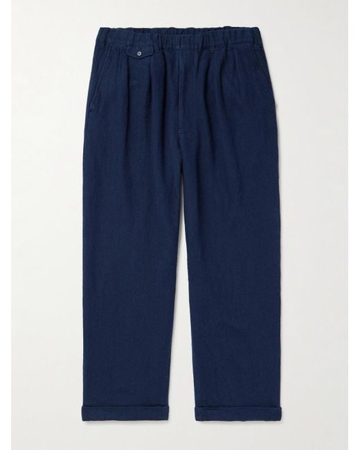 Beams Plus Blue Straight-leg Pleated Linen And Cotton-blend Trousers for men