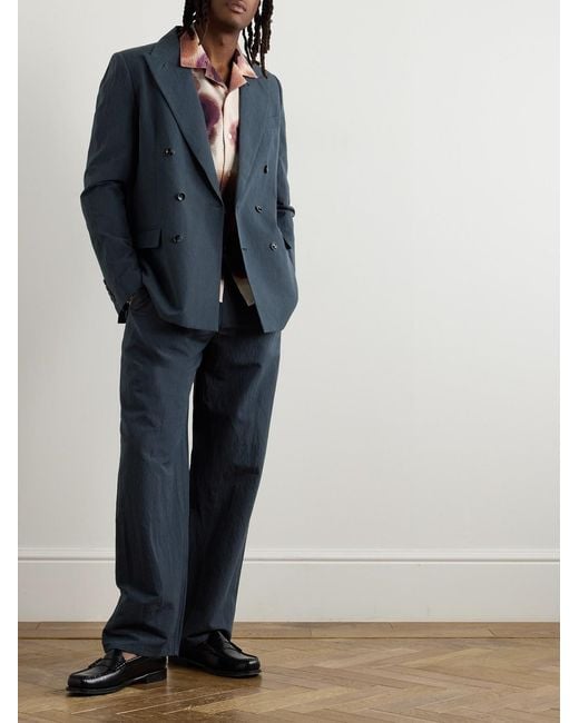A Kind Of Guise Blue Double-Breasted Cotton And Linen-Blend Seersucker Blazer for men