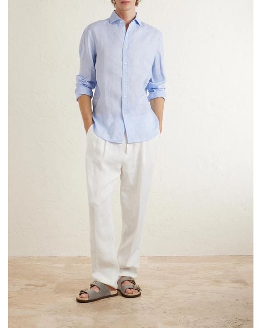Brunello Cucinelli Blue Cutaway-collar Linen Shirt for men
