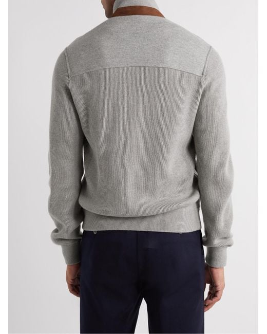 Loro Piana Gray Suede-Trimmed Cashmere-Blend Zip-Up Cardigan for men